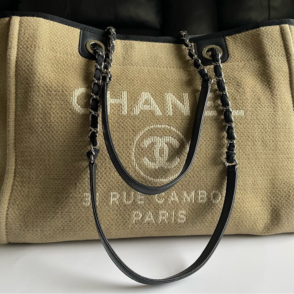 Authentic Chanel Deauville Line Chain Shoulder Tote Bag Beige